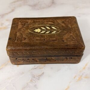 Vintage Hand Carved Wooden Jewelry Trinket Box Floral Hinged Folk Art